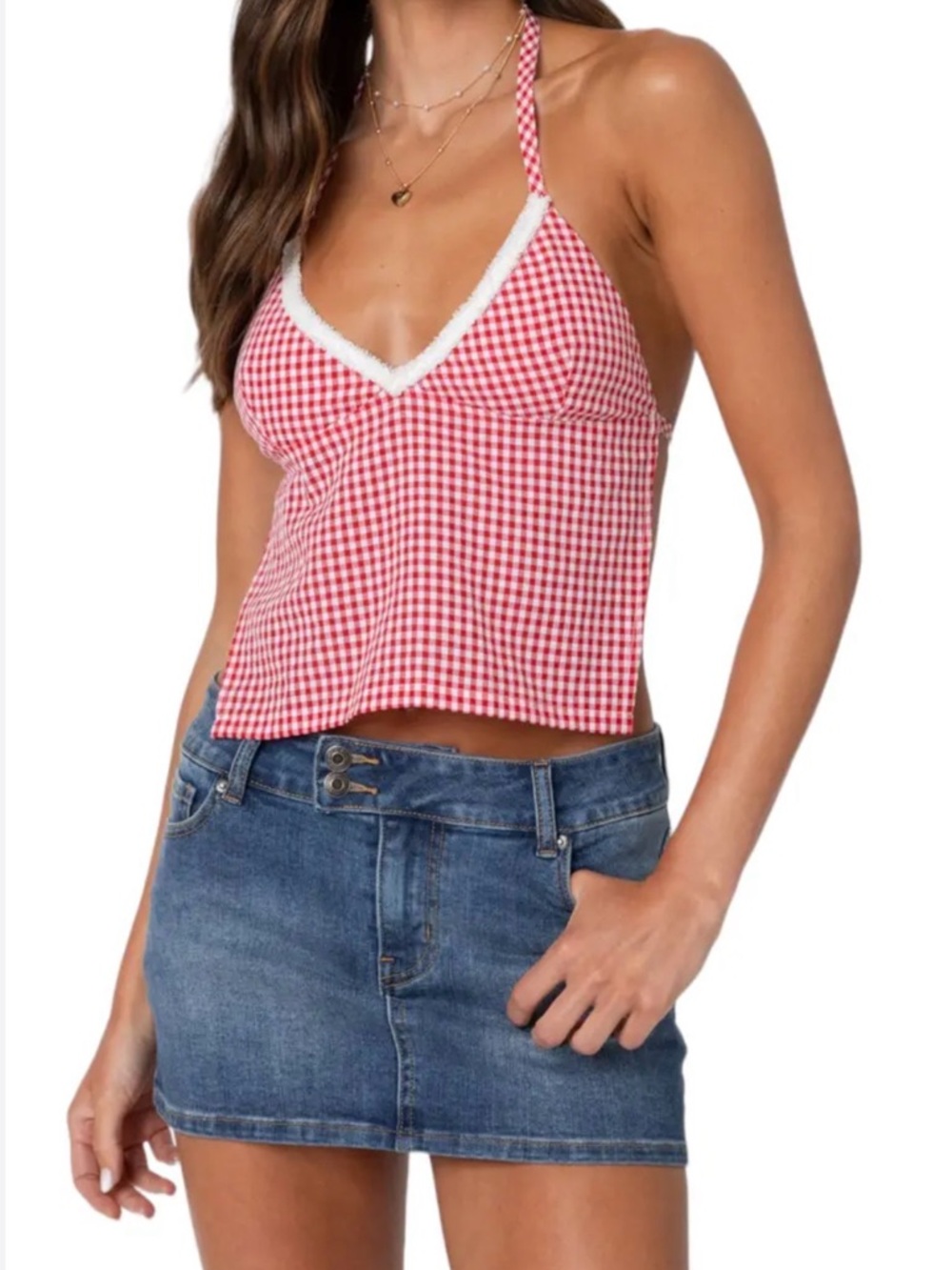 Edikted Charmaine Open Back Red Gingham Halter with Lace Trim and Tie Neck